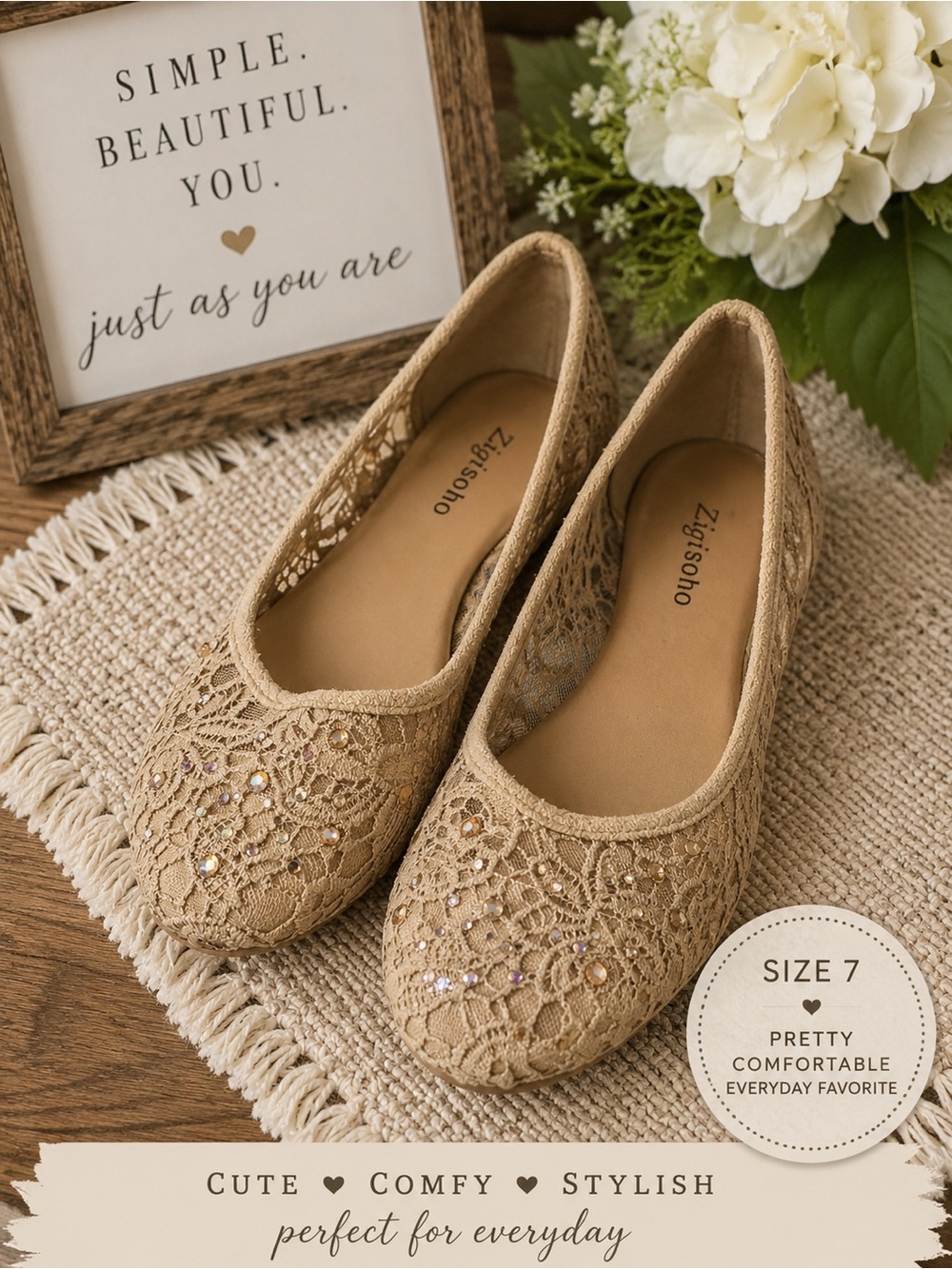 Zigi Soho Beige Lace Ballet Flats with Rhinestone Accents